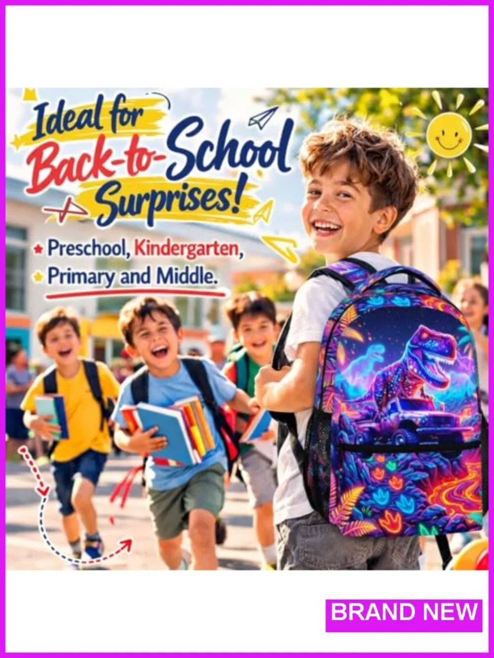Dinosaur Backpack for Boys School Travel, Cool Truck Bookbag Kindergarten